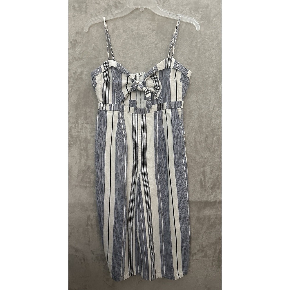 Forever 21 Jumpsuit Women's Size L Blue White Vertical Stripe Wide Leg Tie Front